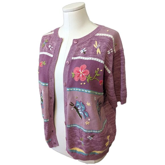 Vintage 90s Tabi Purple Cardigan Embroidered Butterfly Flower Grandmacore Knit M - Picture 8 of 10